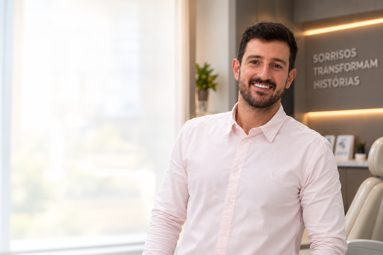 Dr. Pedro Gogolla sorrindo em seu consultório de odontologia estética em Vinhedo, ao lado do letreiro Sorrisos transformam histórias
